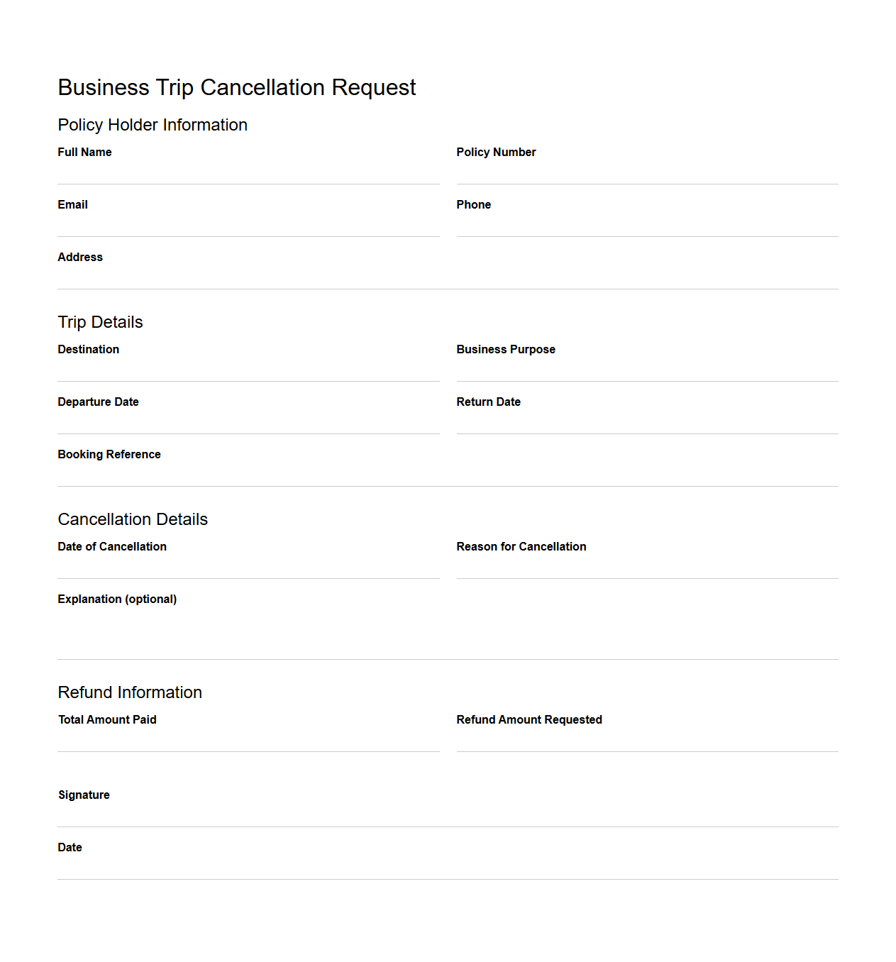 Business Trip Cancellation Request Template for Travel Insurance