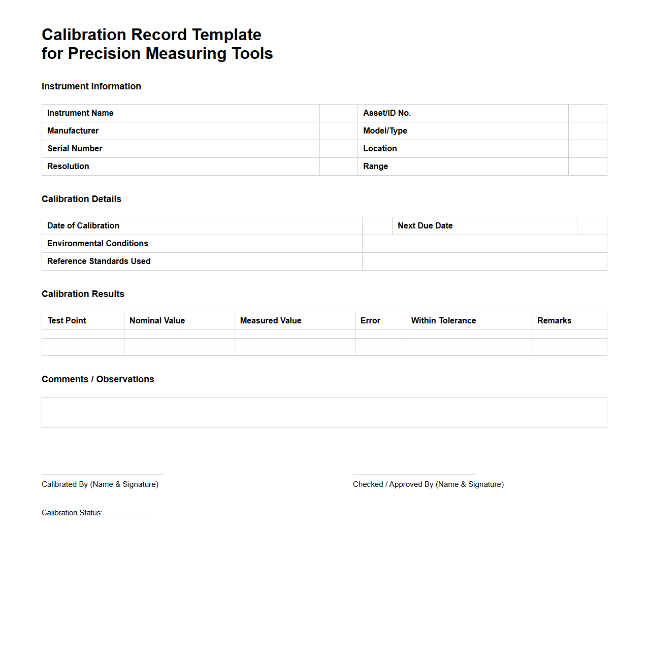 Calibration Record Template for Precision Measuring Tools