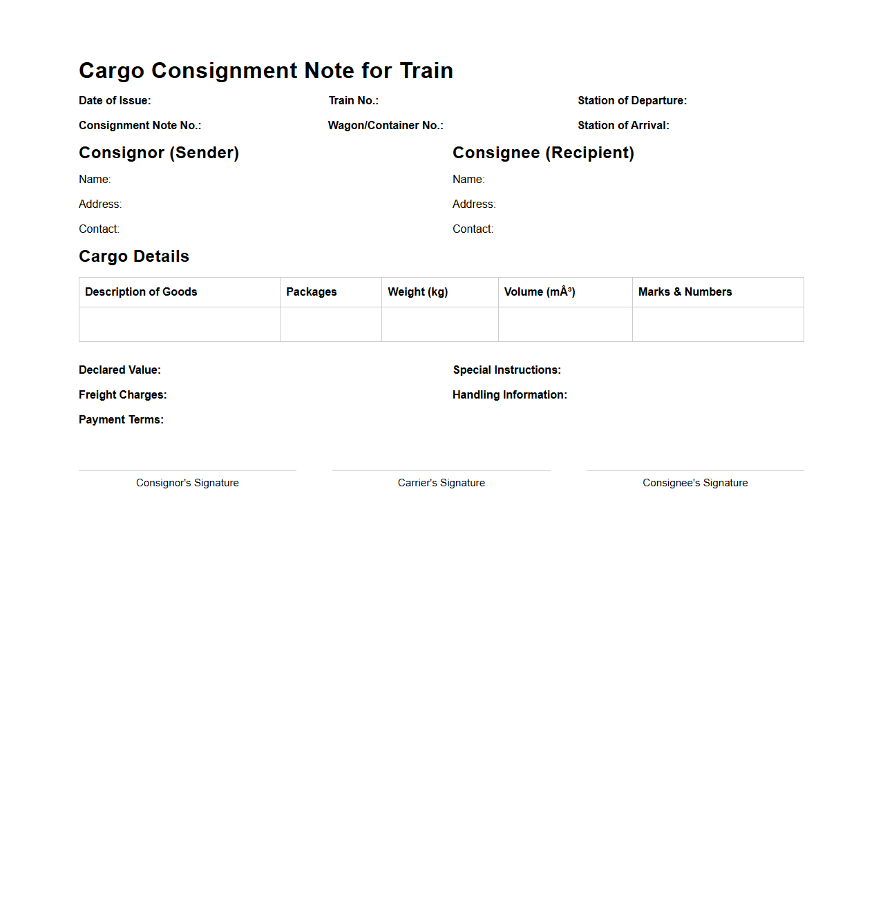 Cargo Consignment Note for Train