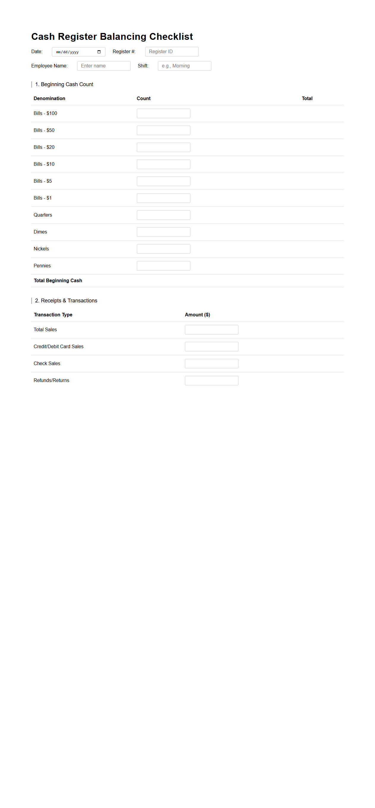Cash Register Balancing Checklist for Retail
