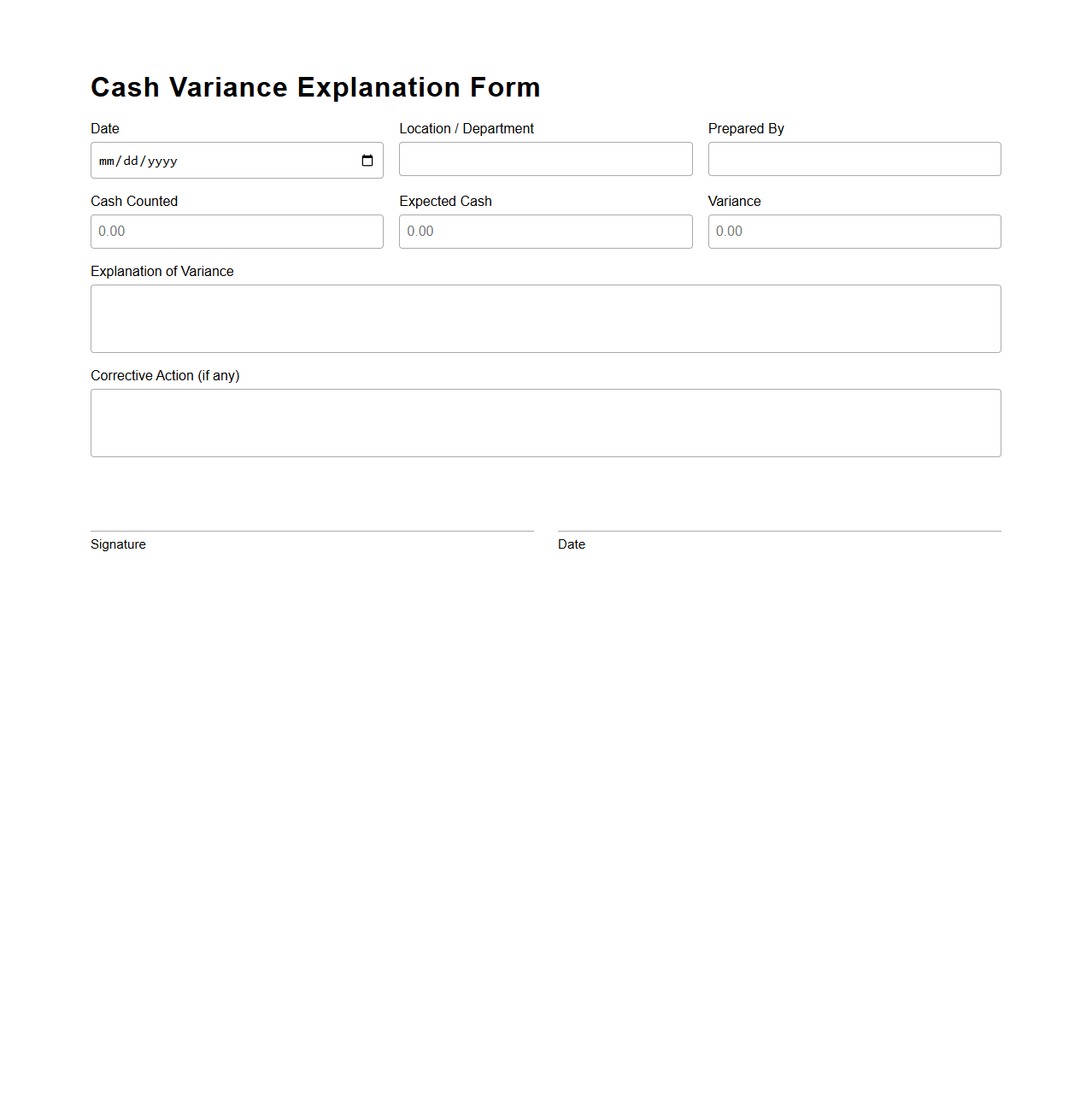 Cash Variance Explanation Form