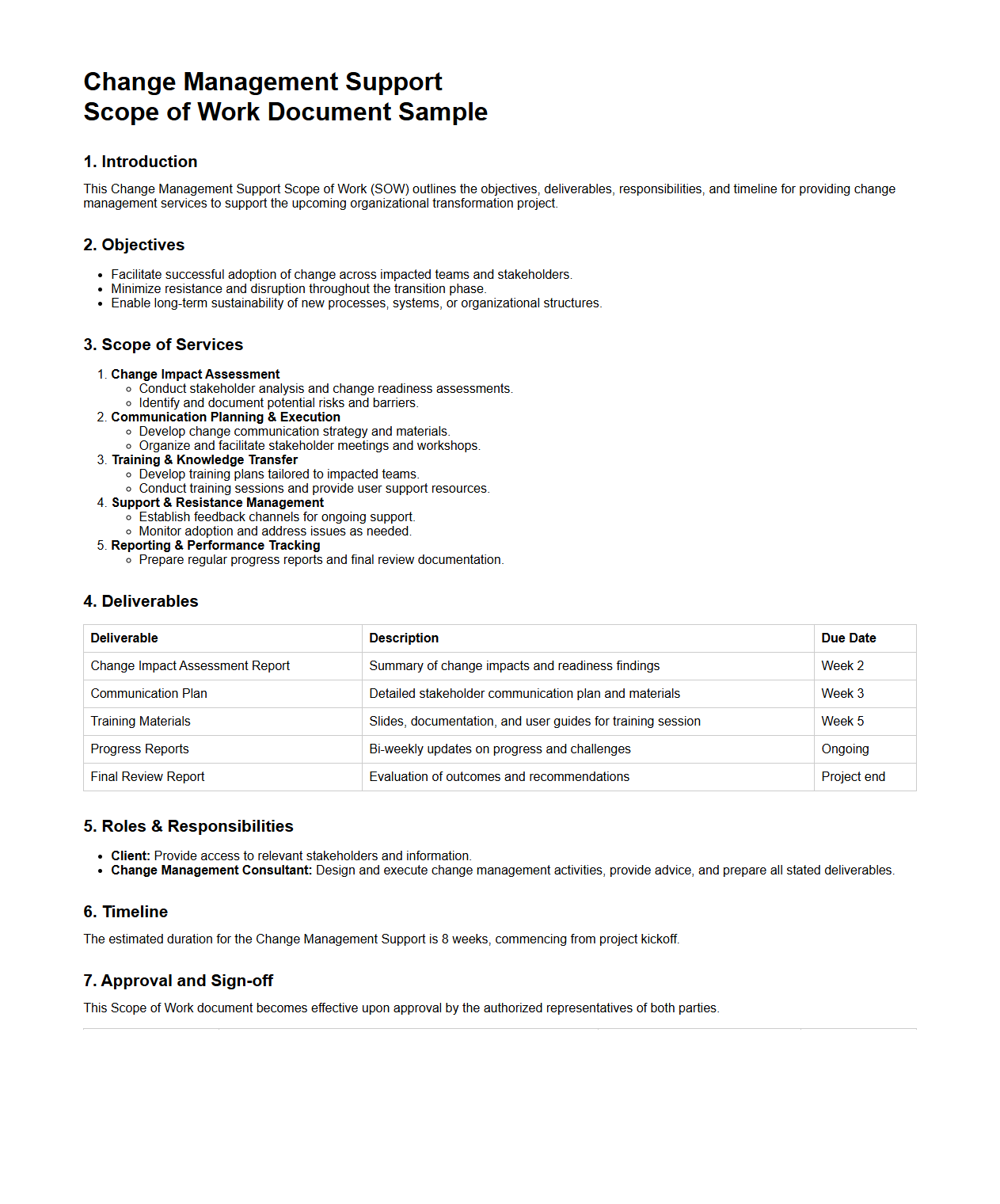 Change Management Support Scope of Work Document Sample