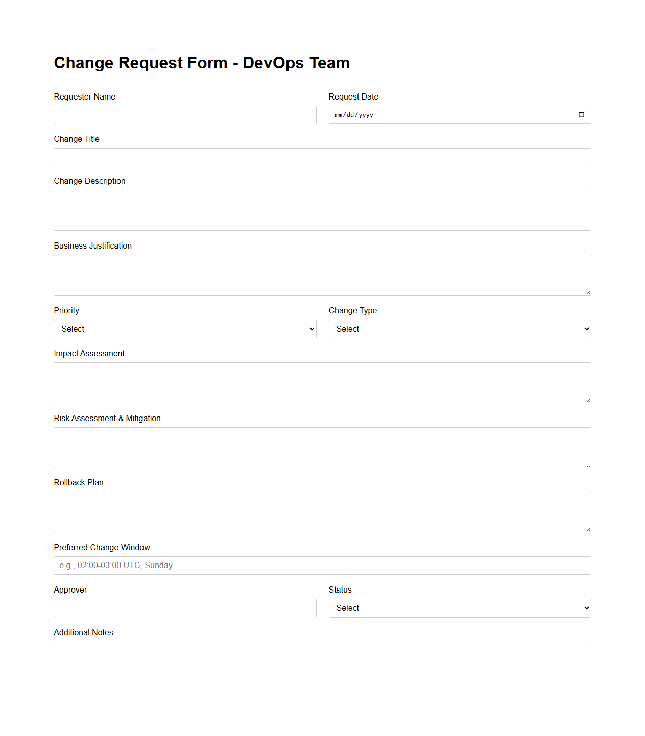 Change Request Form Template for DevOps Teams