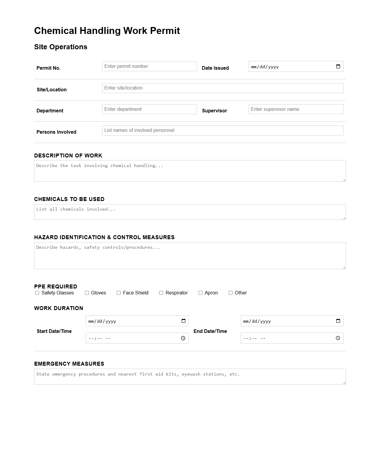 Chemical Handling Work Permit Sample for Site Operations