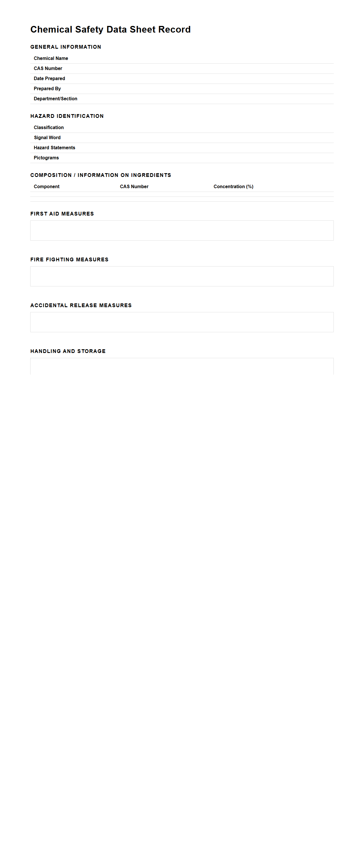 Chemical Safety Data Sheet Record Sample