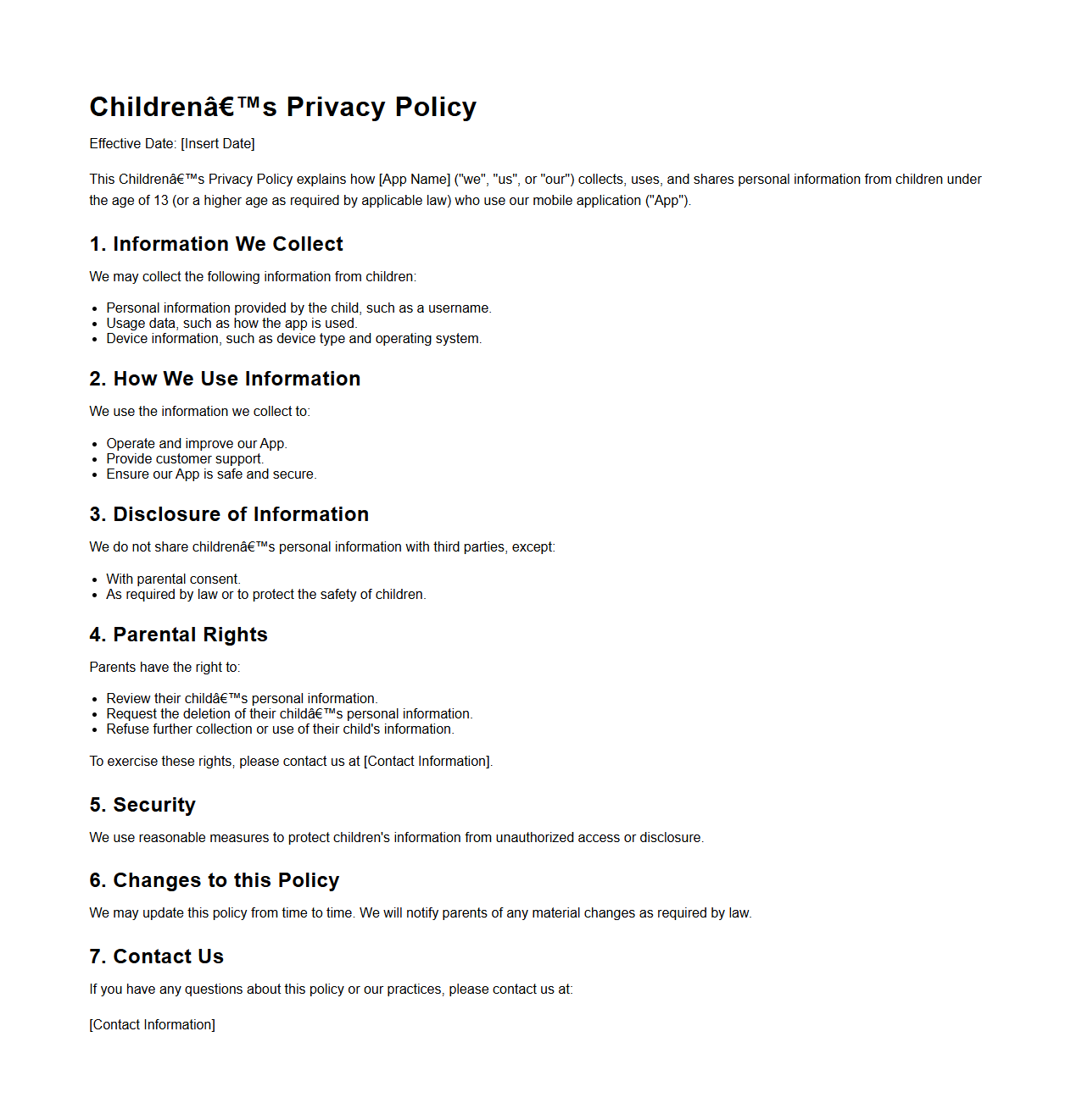 Children’s Privacy Policy Template for Mobile Applications