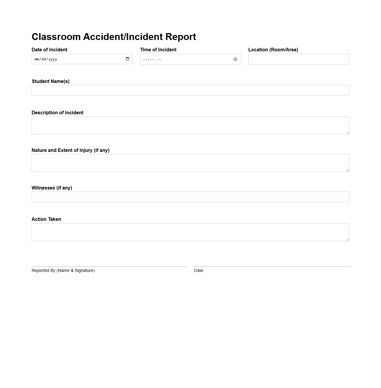 Classroom Accident Incident Report Sample