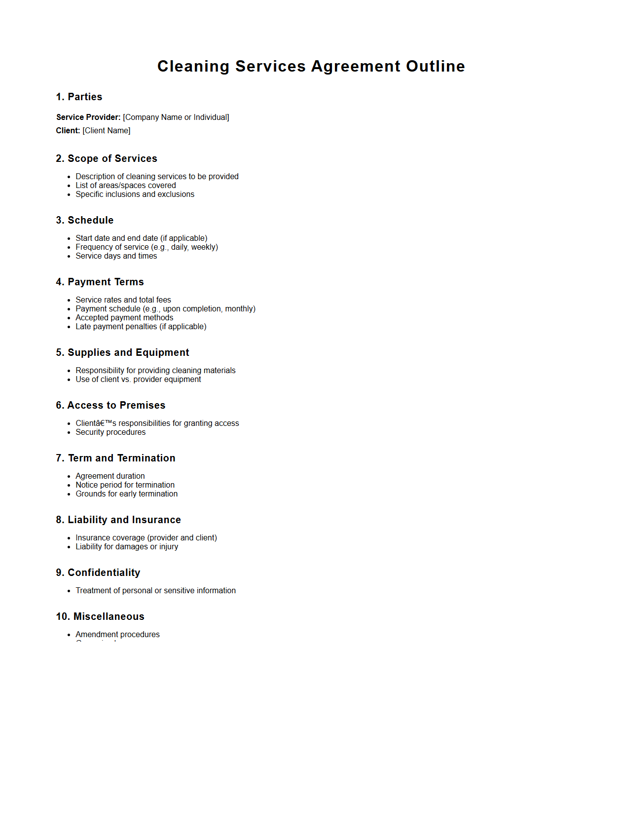 Cleaning Services Agreement Outline