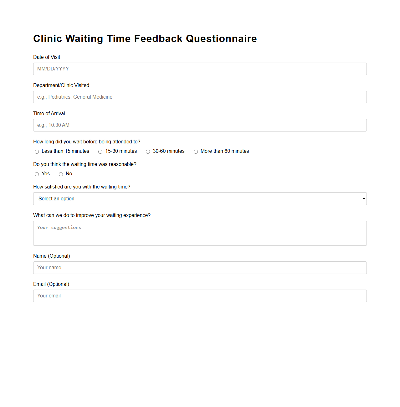 Clinic Waiting Time Feedback Questionnaire