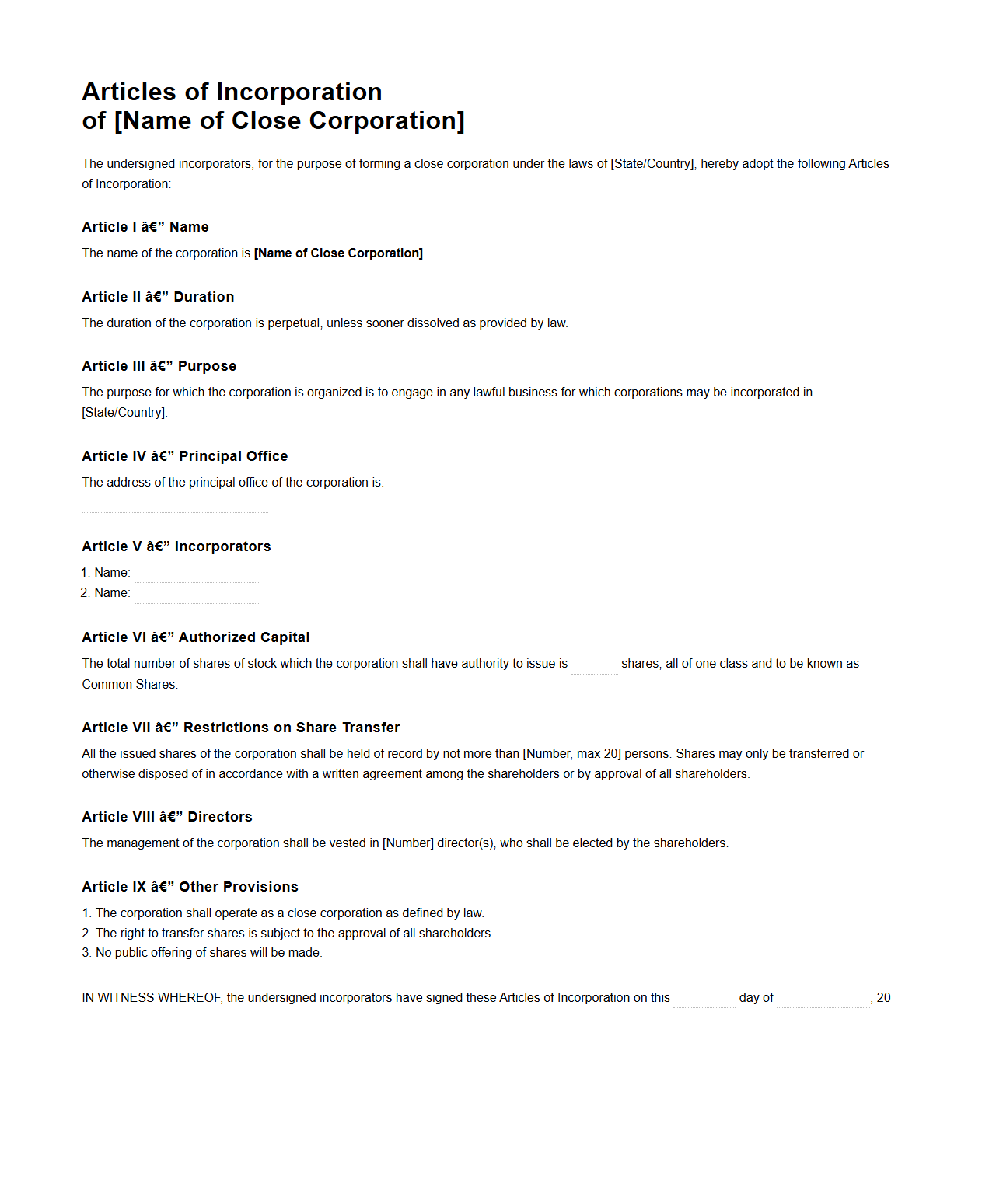 Close Corporation Articles of Incorporation Illustration