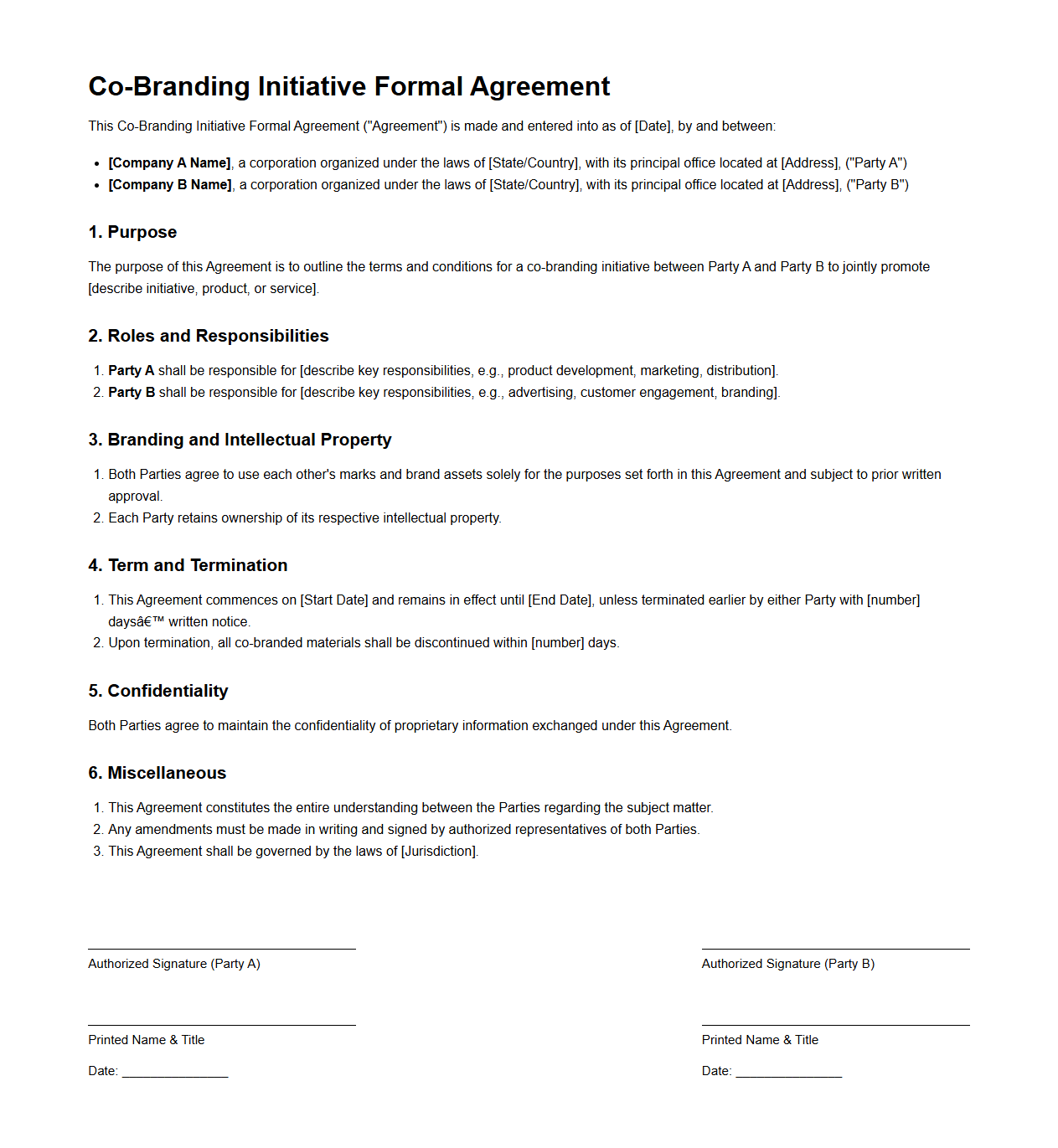 Co-Branding Initiative Formal Agreement Sample