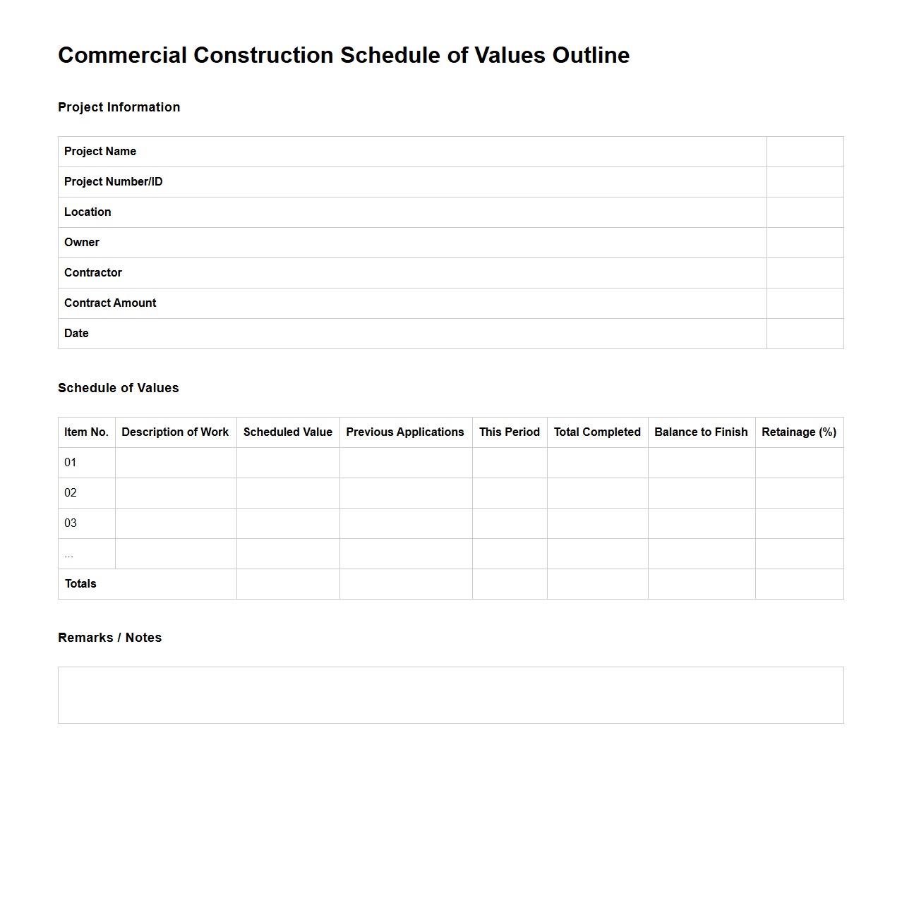 Commercial Construction Schedule of Values Outline