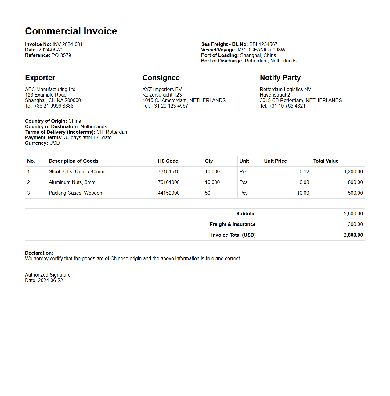 Commercial Invoice Example for Sea Freight Shipments