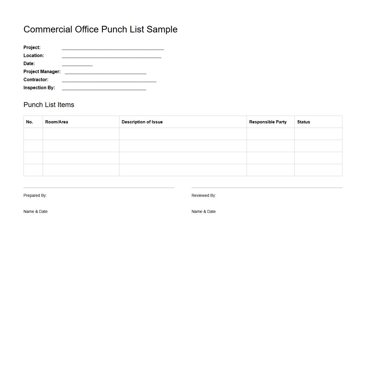 Commercial Office Punch List Sample