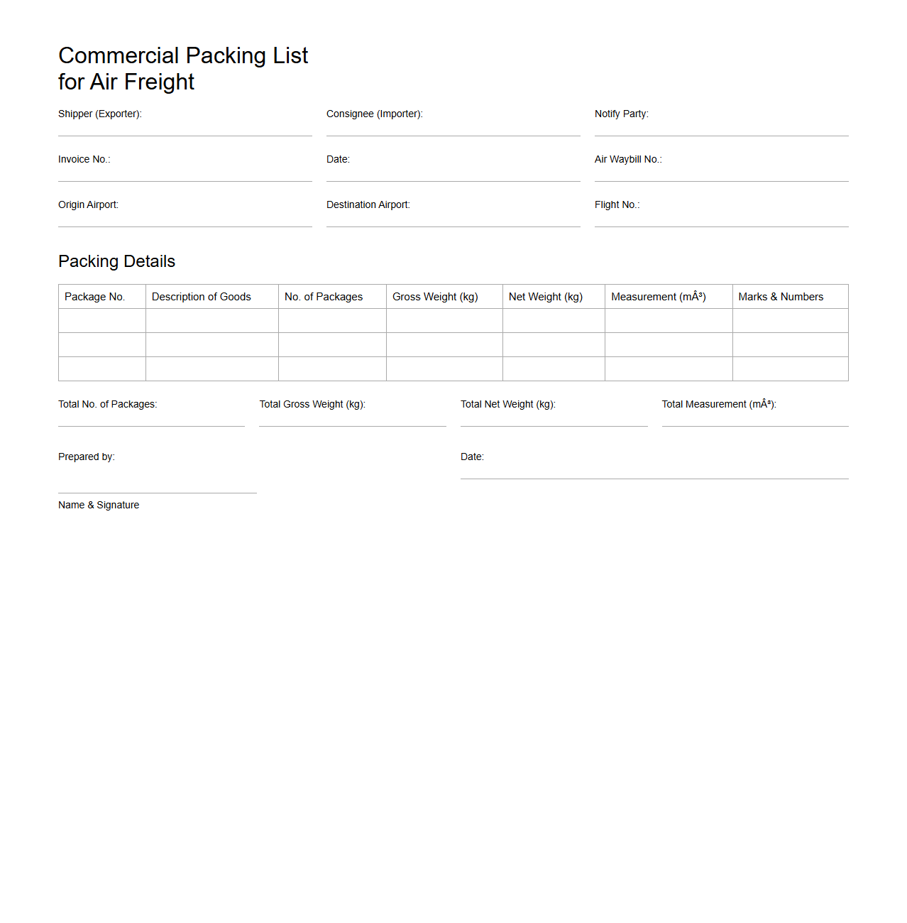 Commercial Packing List Template for Air Freight