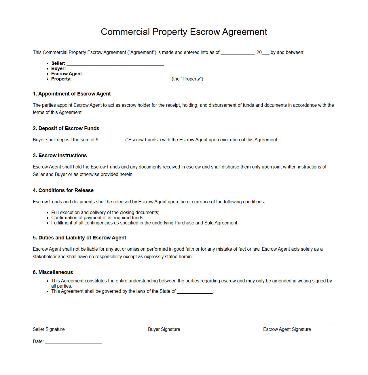 Commercial Property Escrow Agreement Template