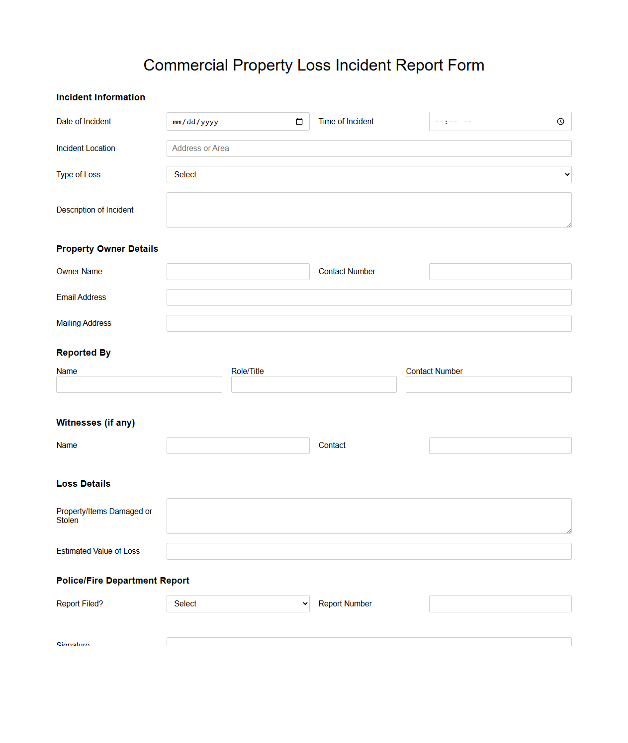 Commercial Property Loss Incident Report Form