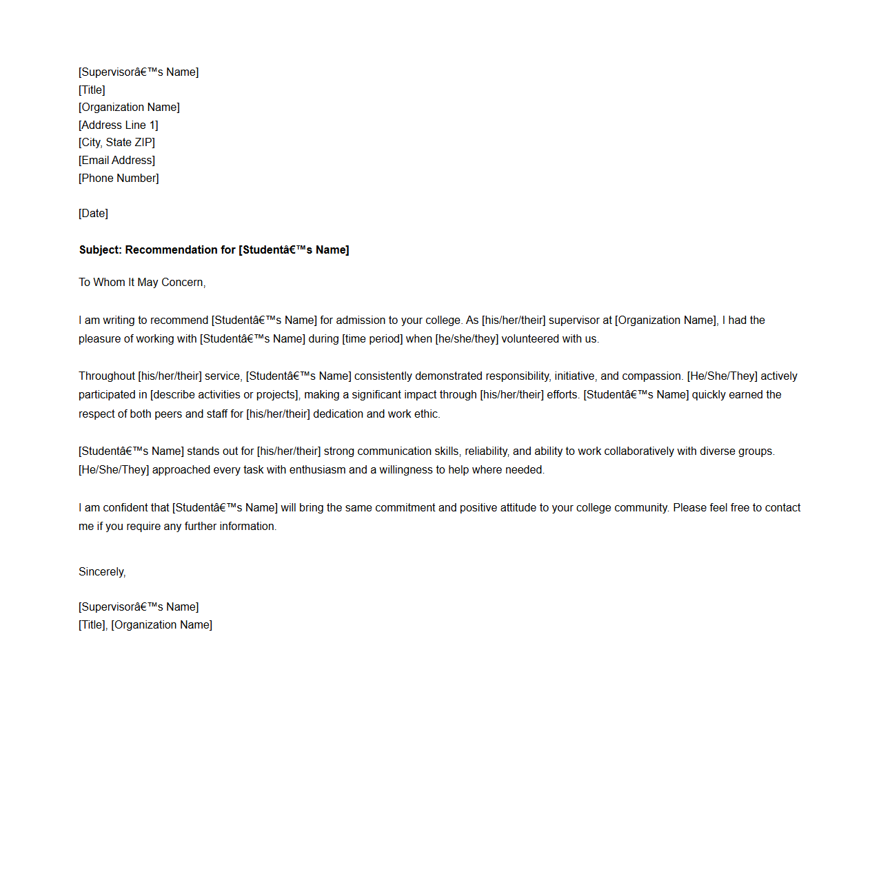 Community Service Supervisor Letter for College Admissions