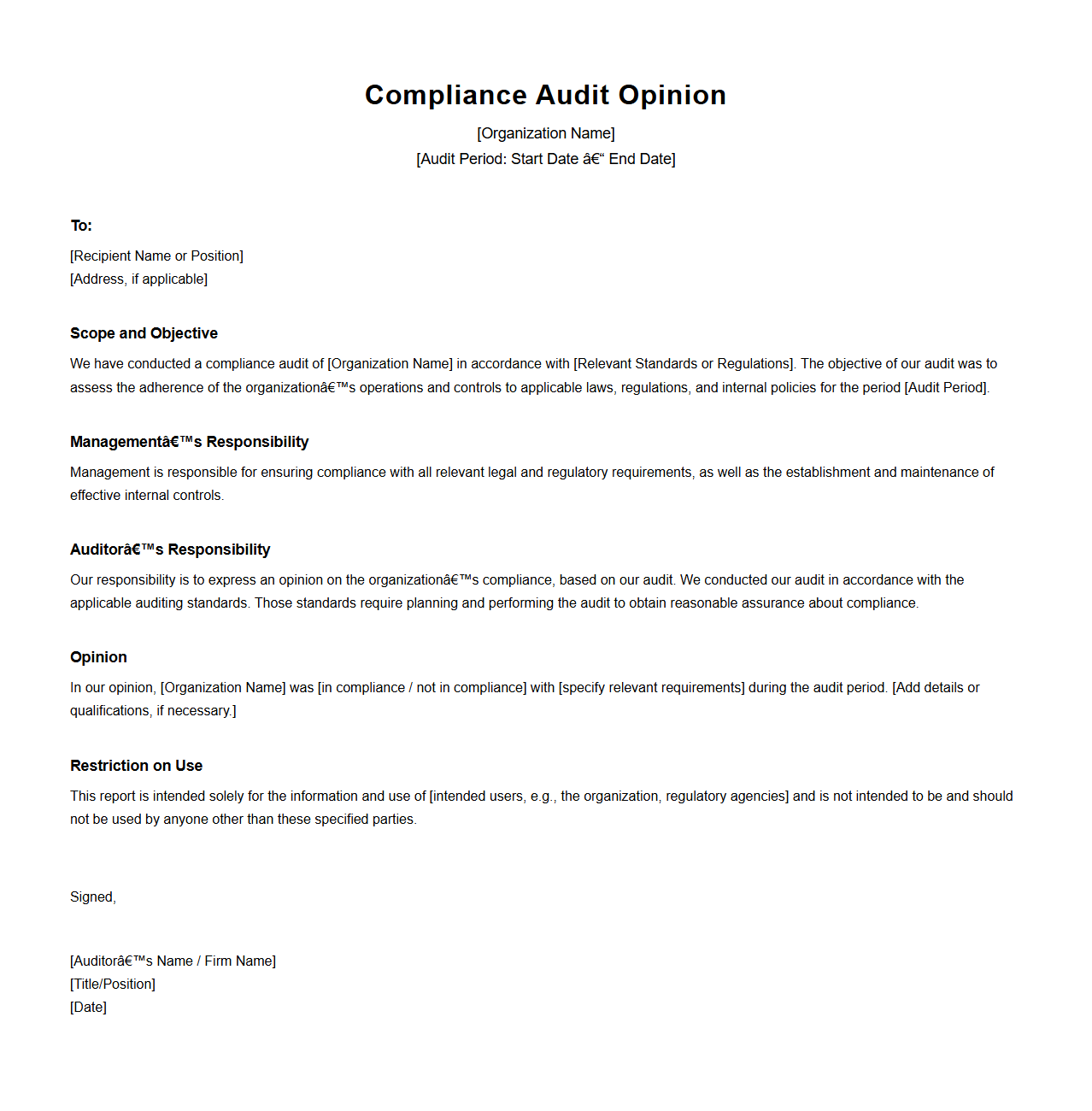 Compliance Audit Opinion Document