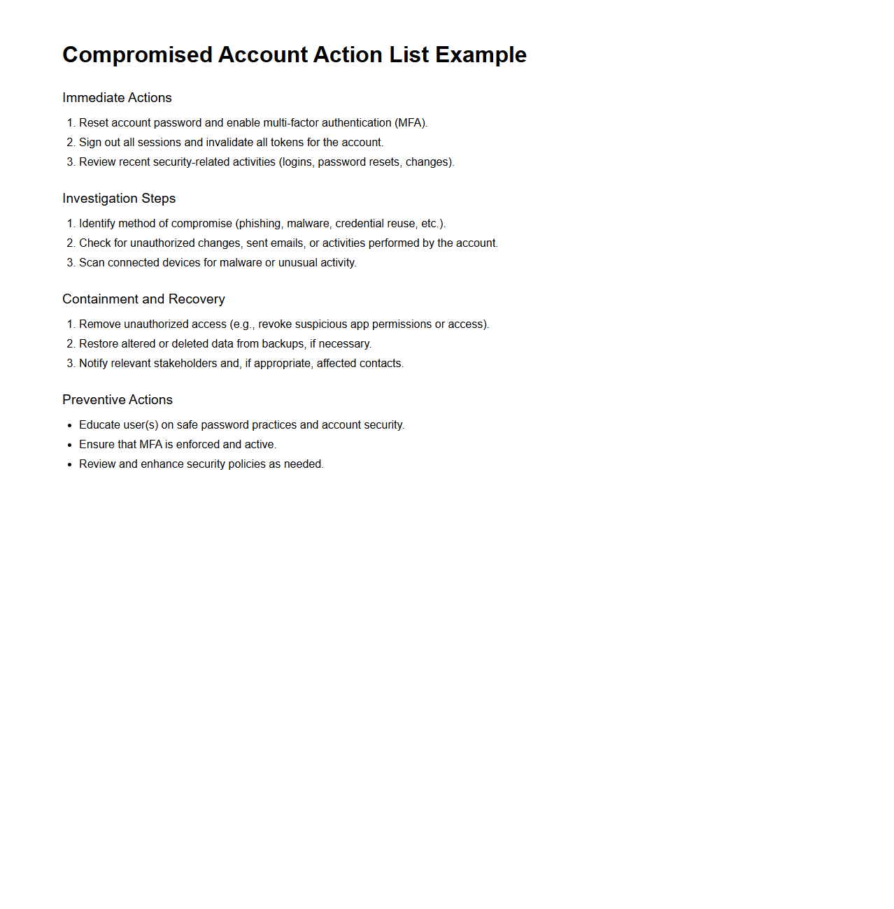 Compromised Account Action List Example