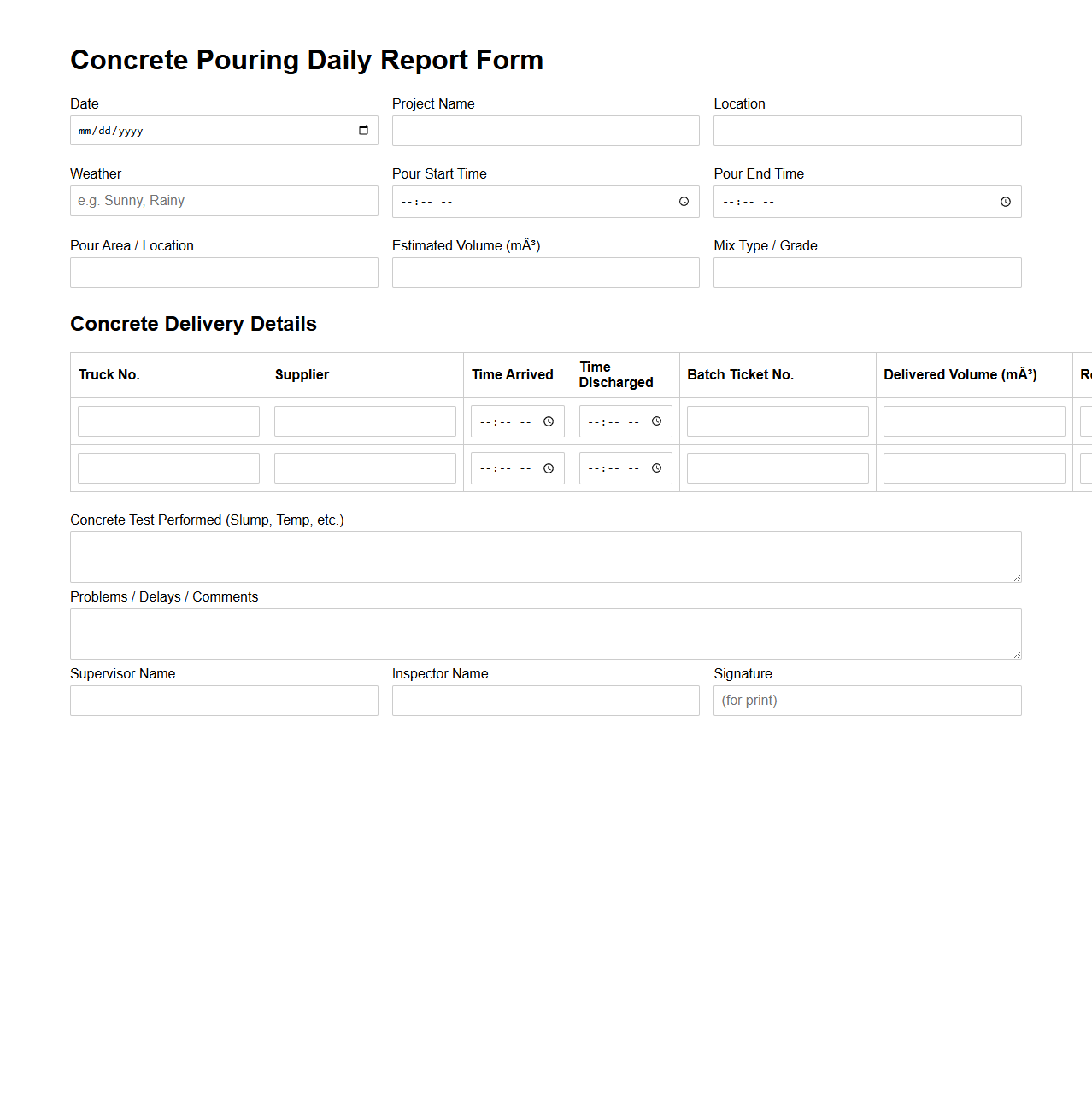 Concrete Pouring Daily Report Form