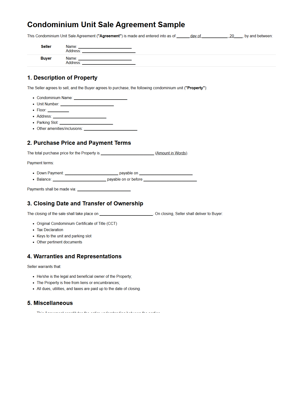 Condominium Unit Sale Agreement Sample