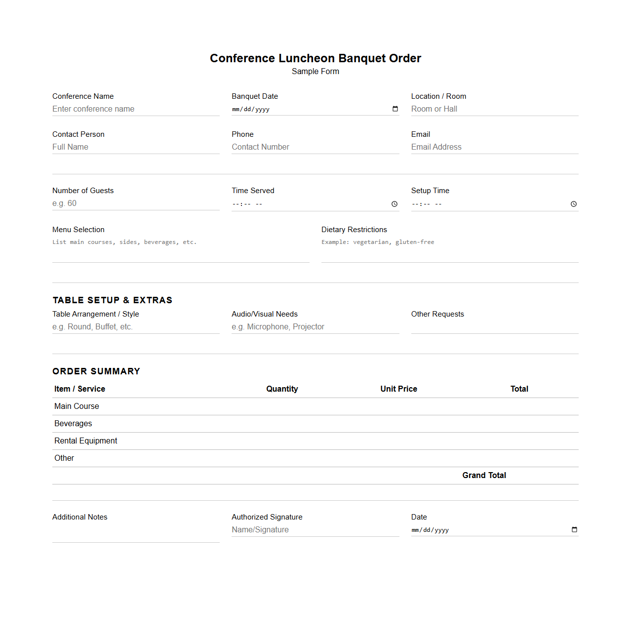 Conference Luncheon Banquet Order Sample