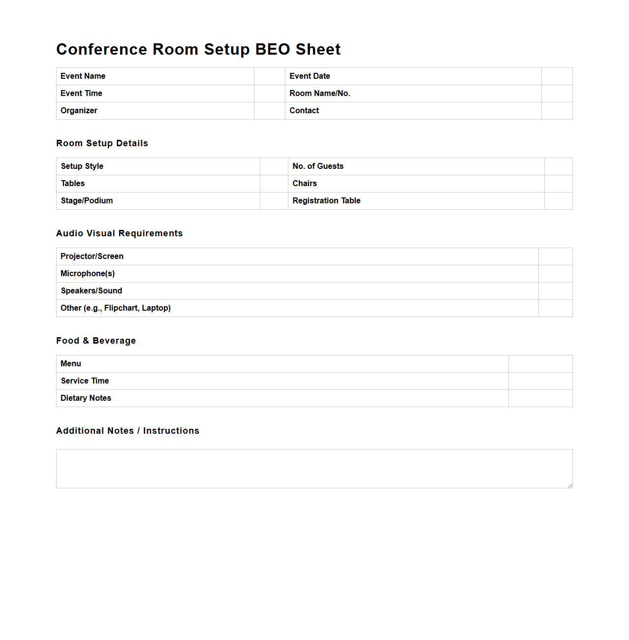 Conference Room Setup BEO Sheet