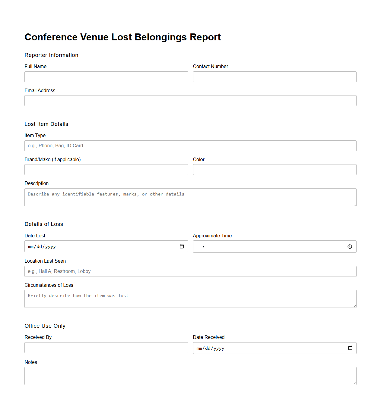 Conference Venue Lost Belongings Report Template