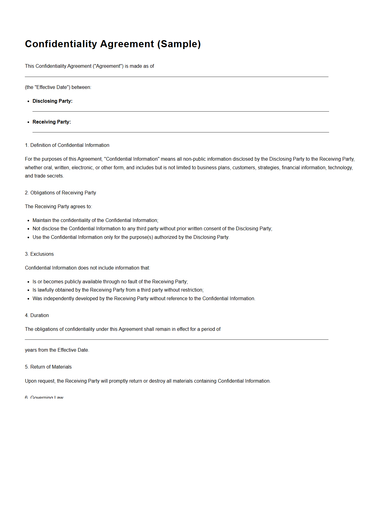 Confidentiality Agreement Sample