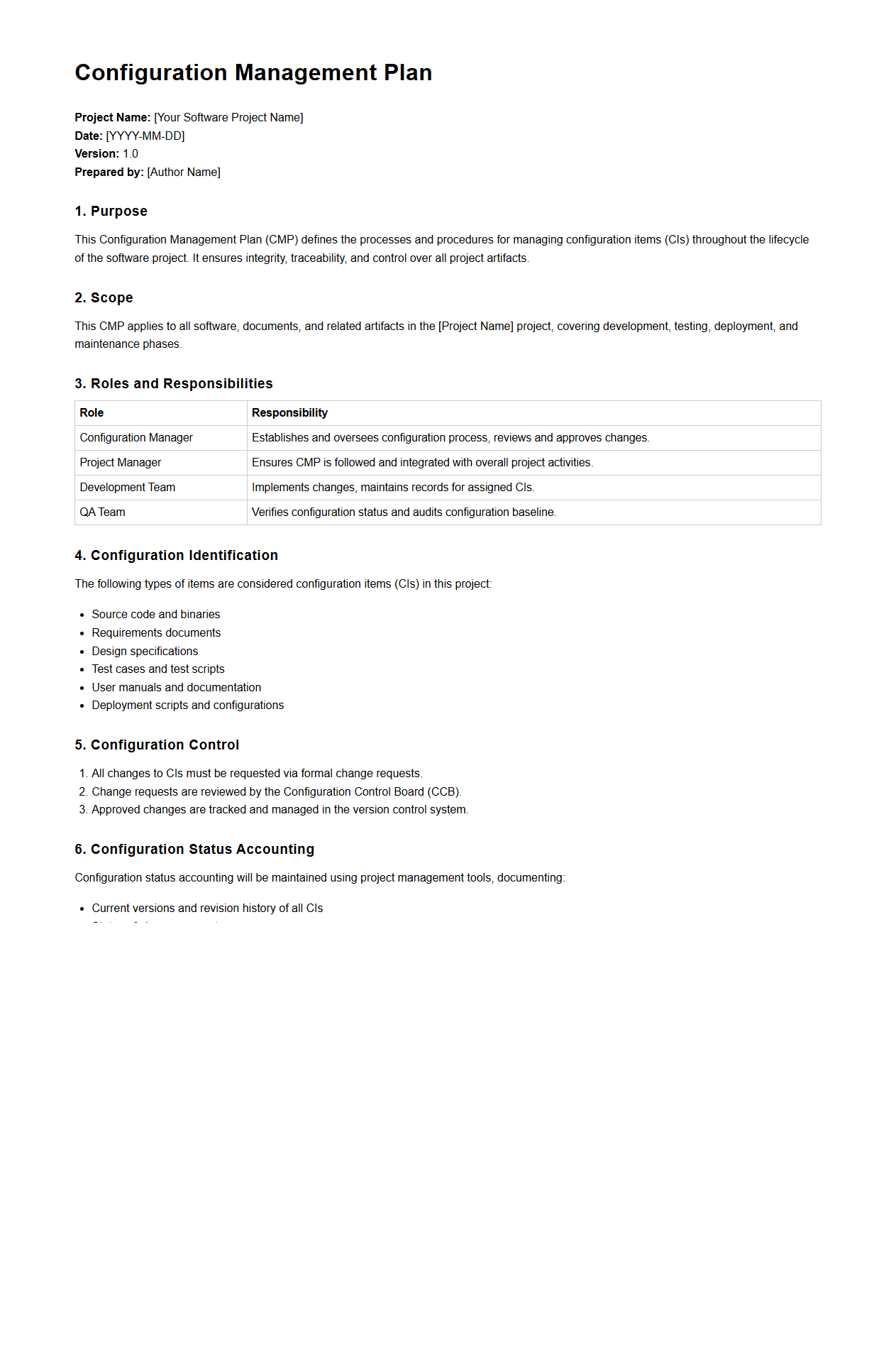 Configuration Management Plan for Software Projects