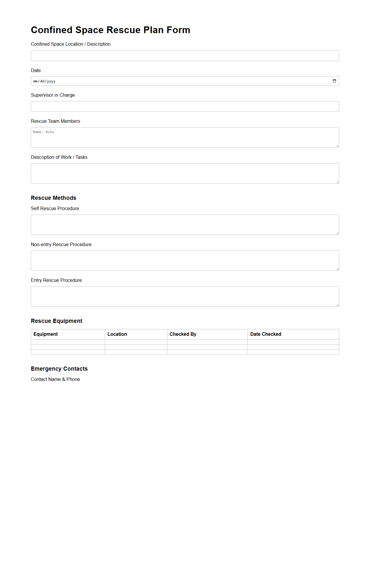 Confined Space Rescue Plan Form