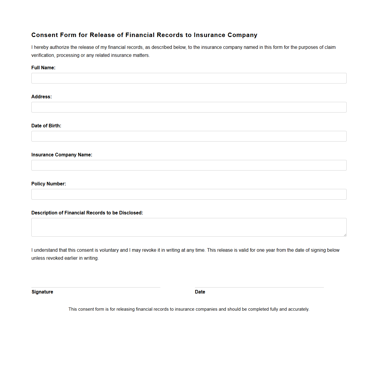 Consent Form for Release of Financial Records to Insurance Company