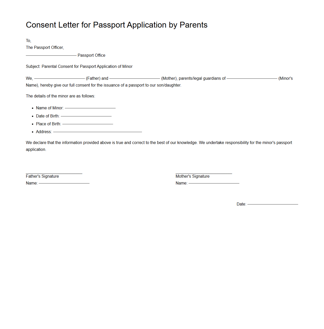 Consent Letter for Passport Application by Parents