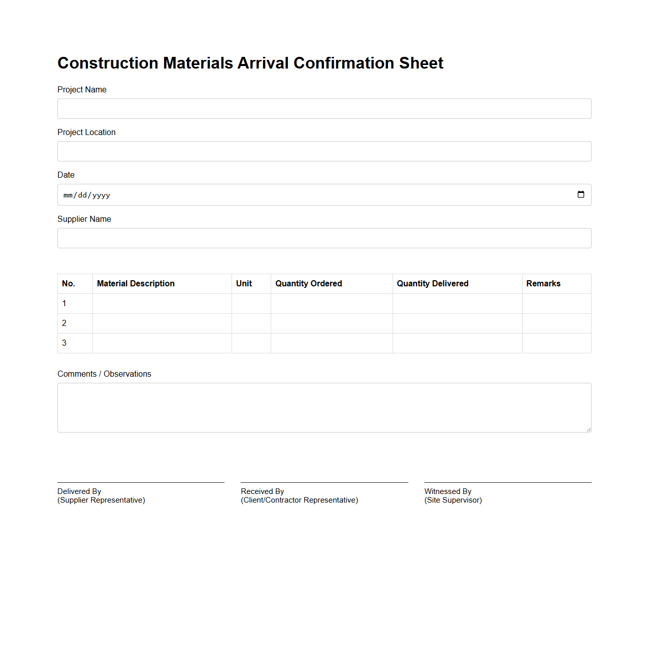 Construction Materials Arrival Confirmation Sheet