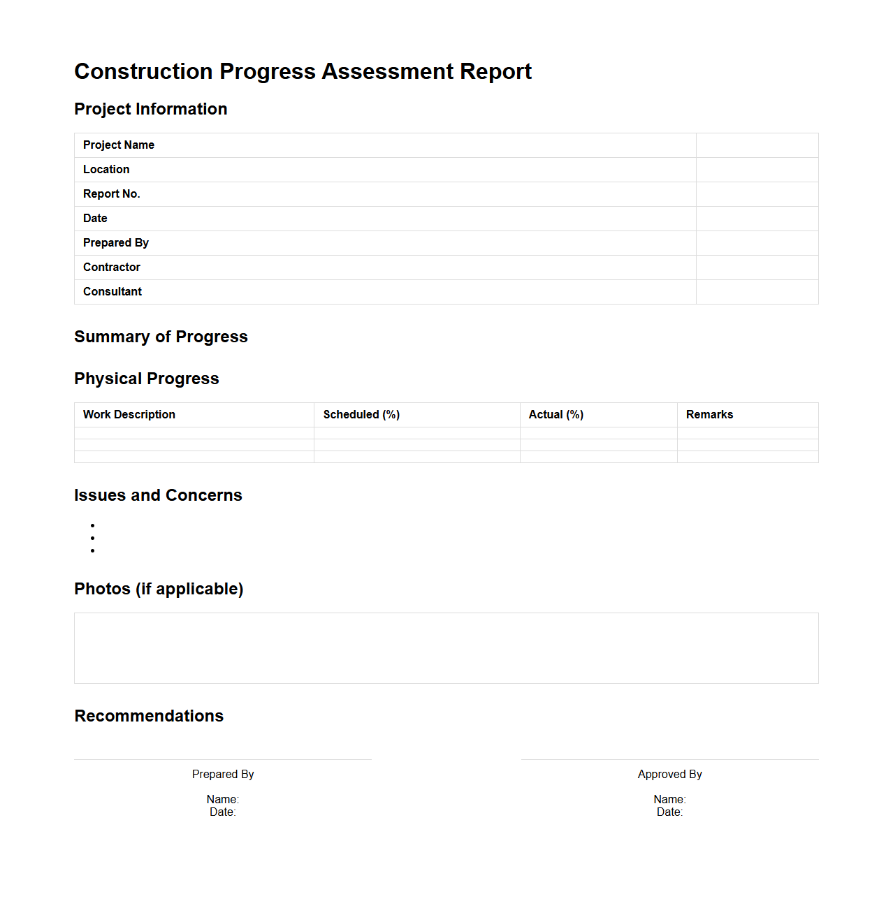 Construction Progress Assessment Report Sample