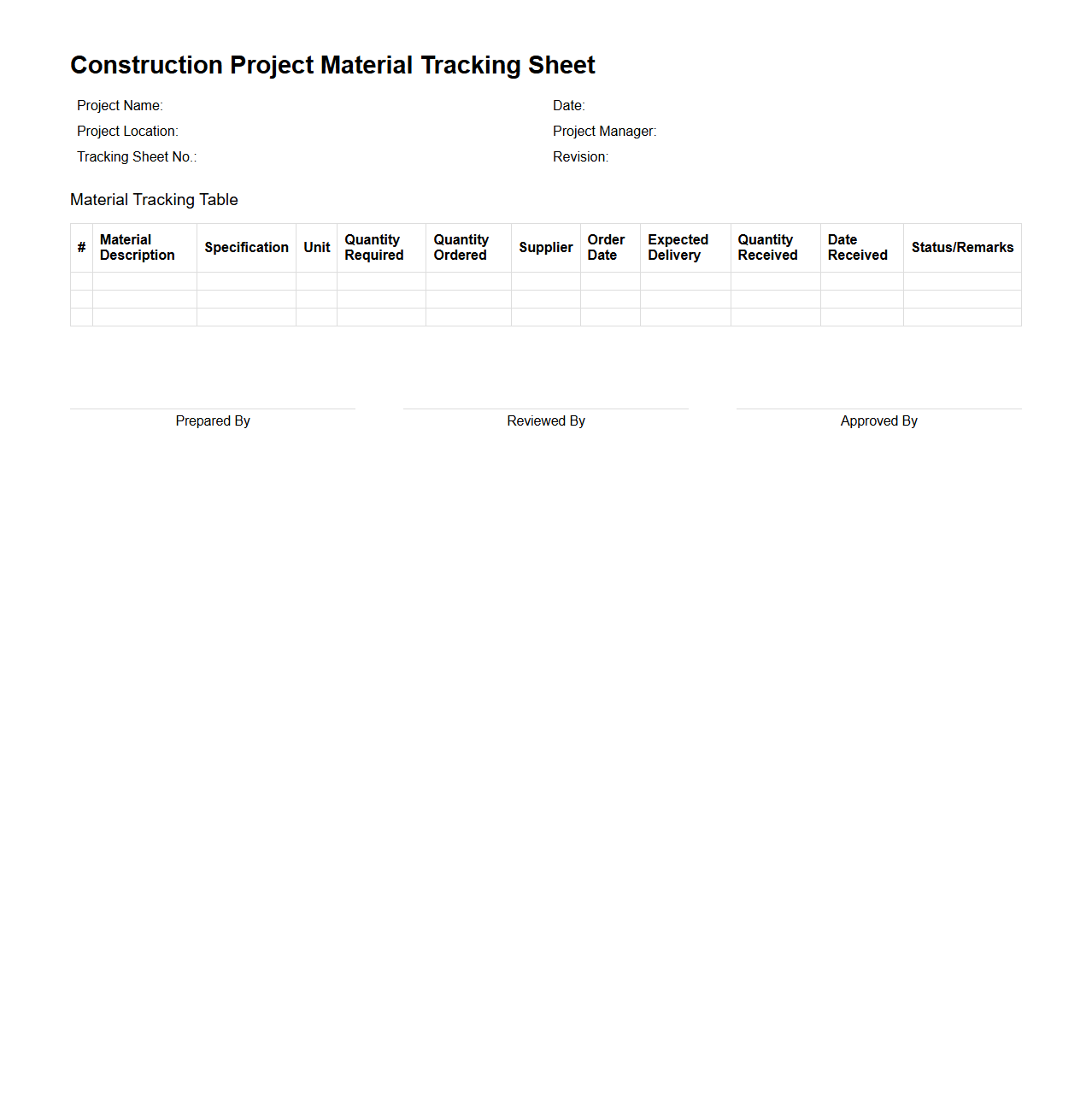 Construction Project Material Tracking Document