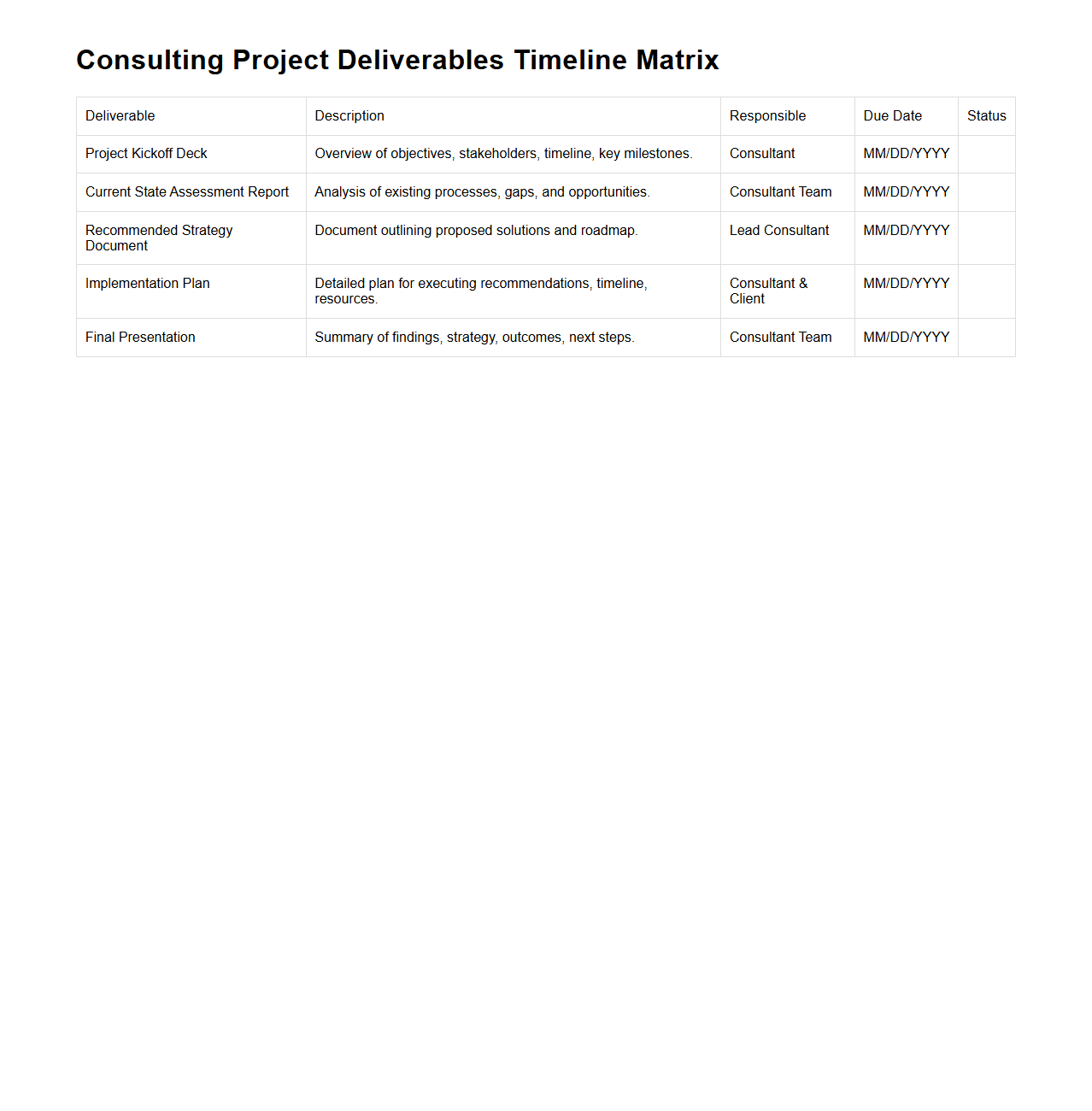 Consulting Project Deliverables Timeline Matrix
