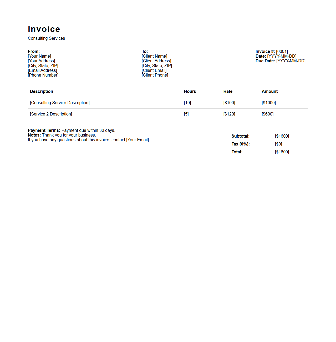 Consulting Services Freelancer Invoice Example