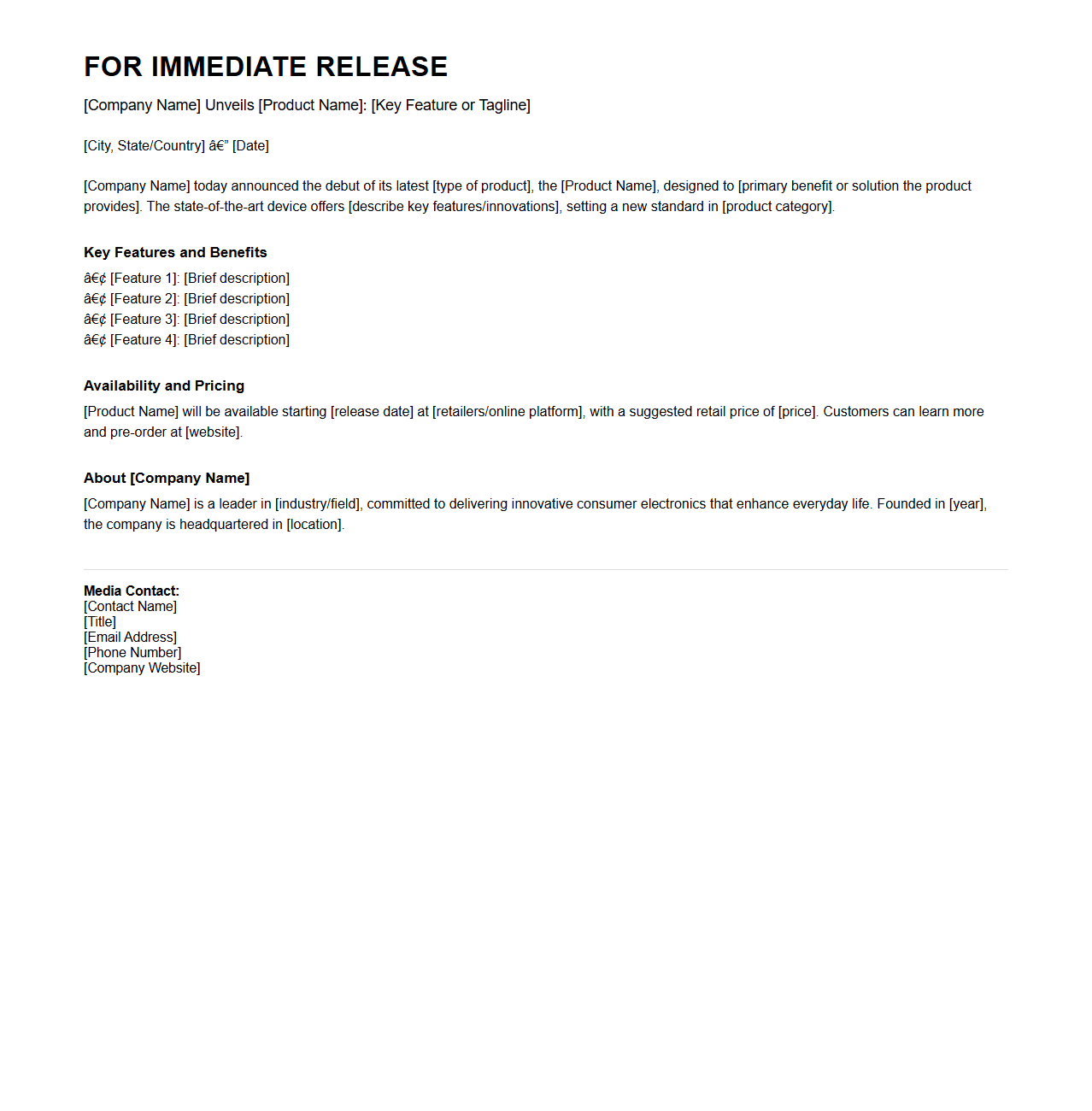 Consumer Electronics Debut Press Release Template