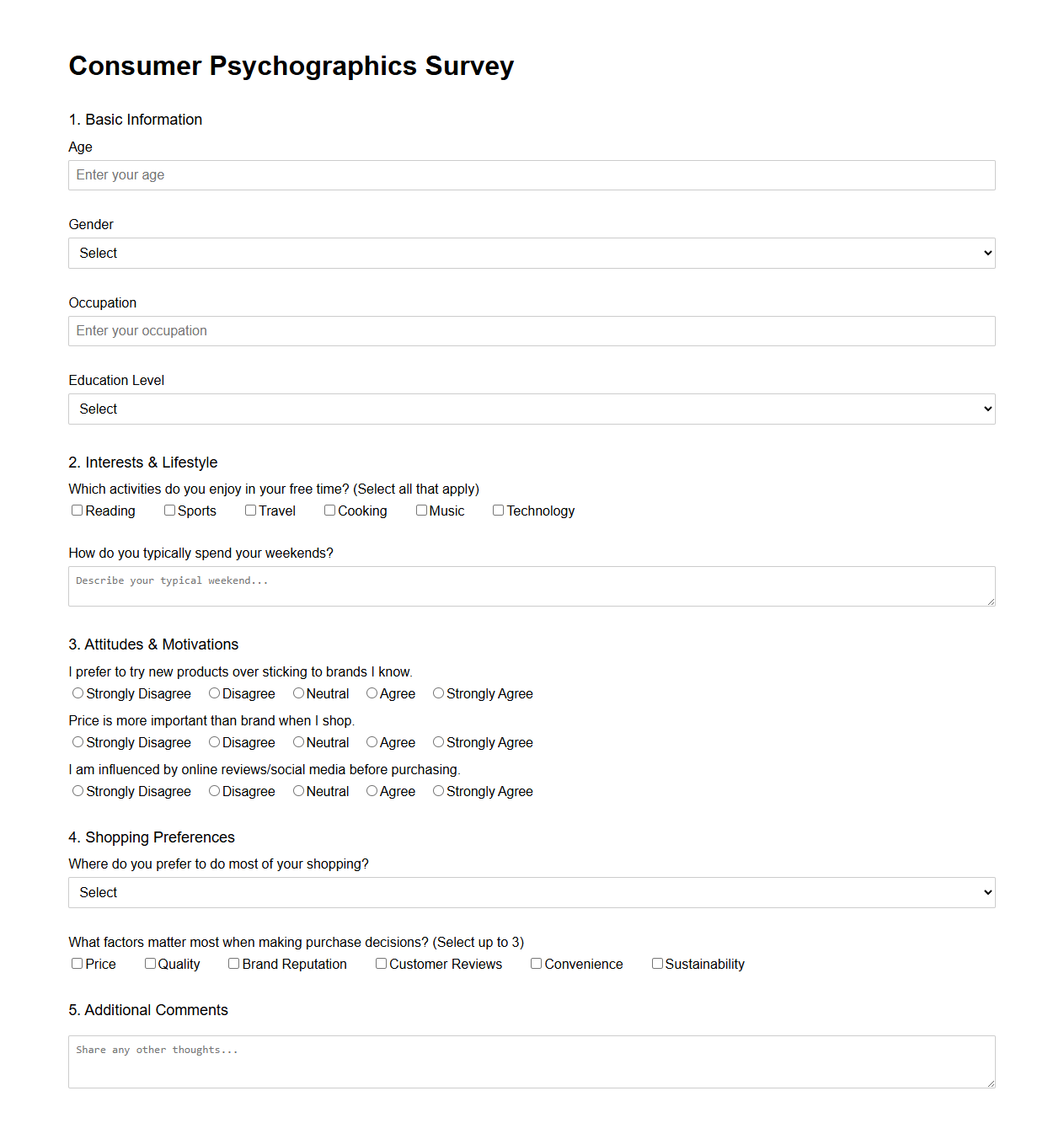 Consumer Psychographics Survey Sample