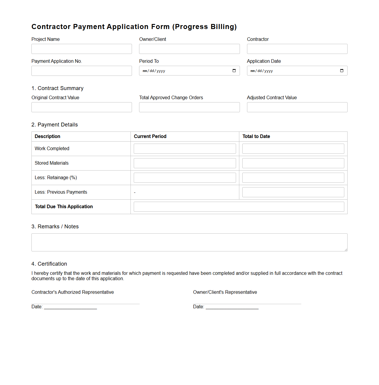 Contractor Payment Application Form for Progress Billing
