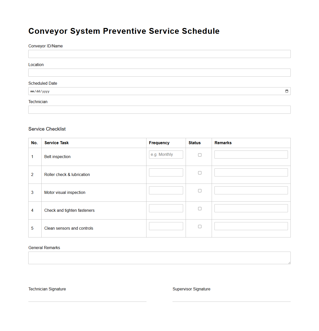 Conveyor System Preventive Service Schedule Format