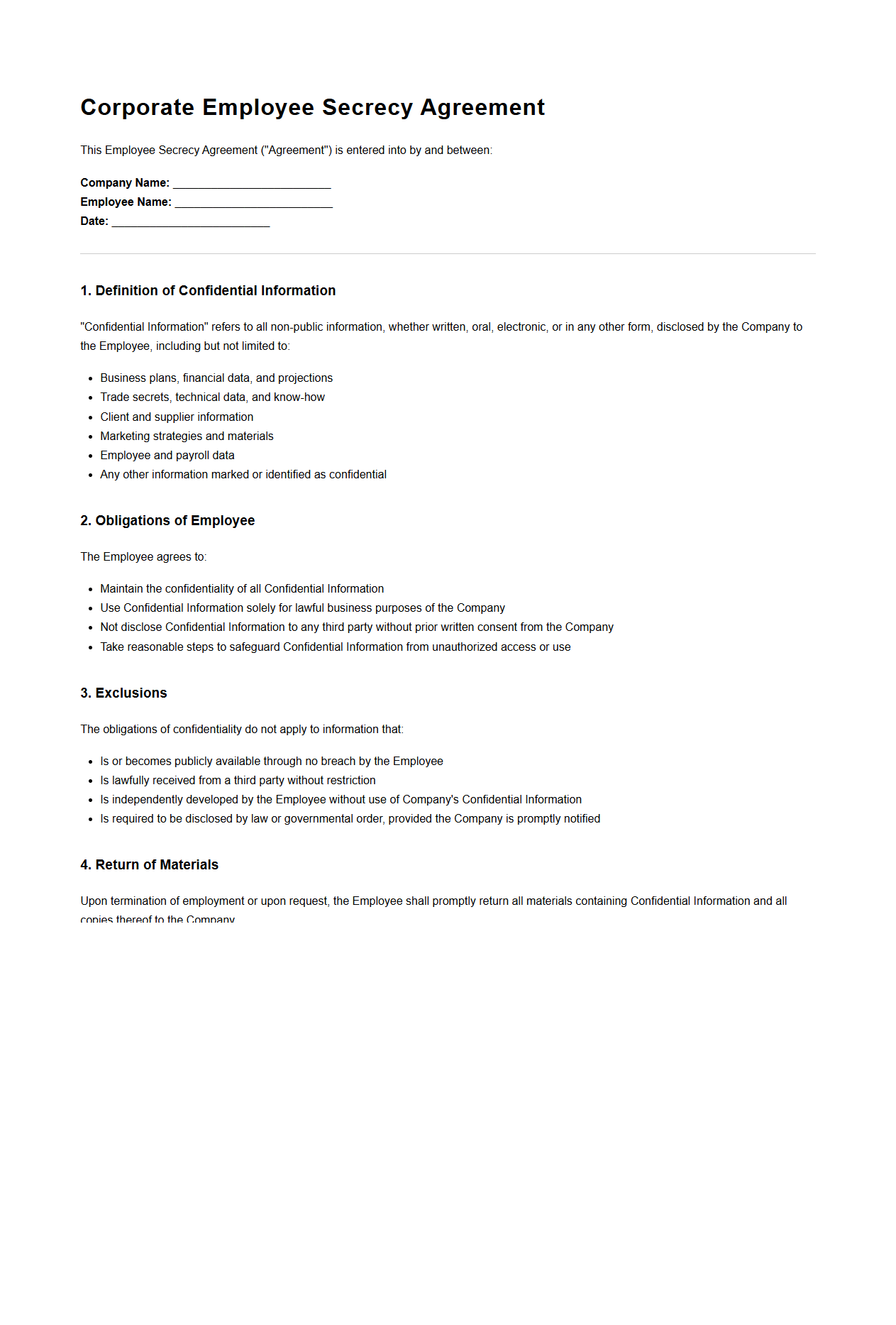 Corporate Employee Secrecy Agreement Example