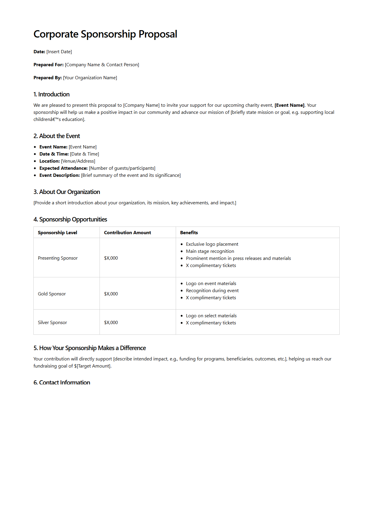 Corporate Sponsorship Proposal Template for Charity Events