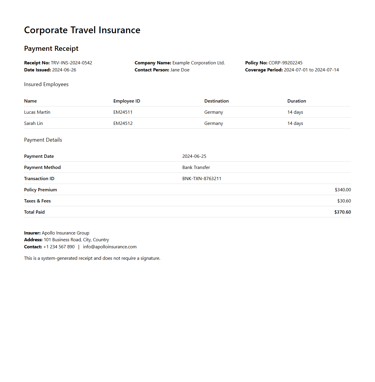 Corporate Travel Insurance Payment Receipt Example