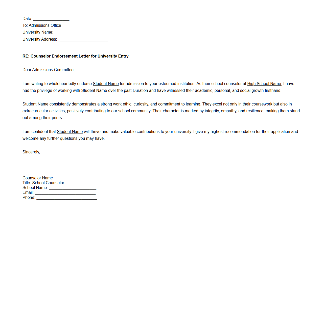 Counselor Endorsement Letter for University Entry