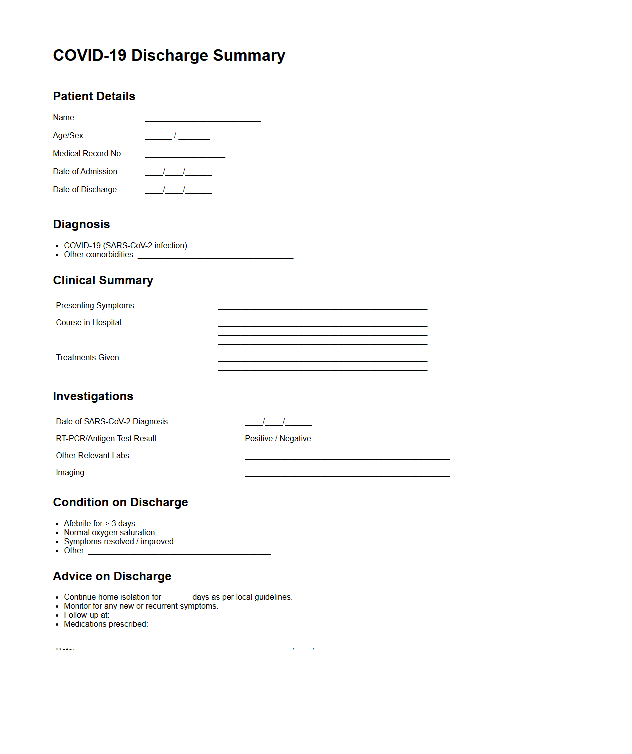 COVID-19 Discharge Summary for Recovered Patients