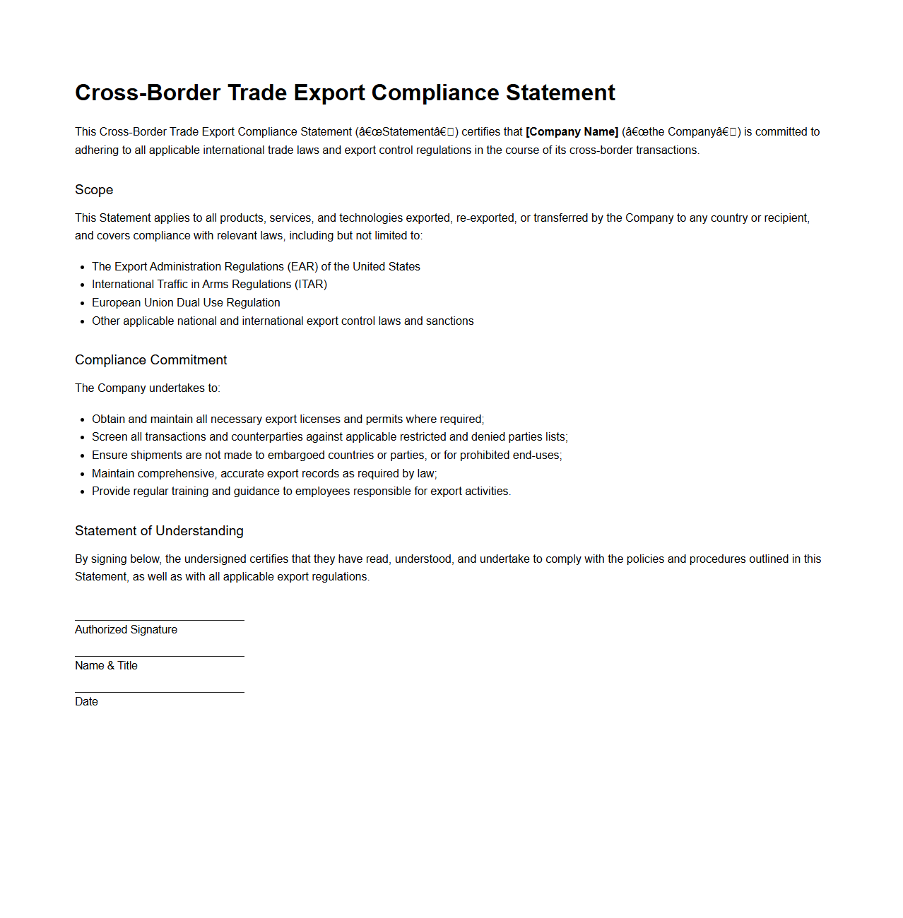 Cross-Border Trade Export Compliance Statement