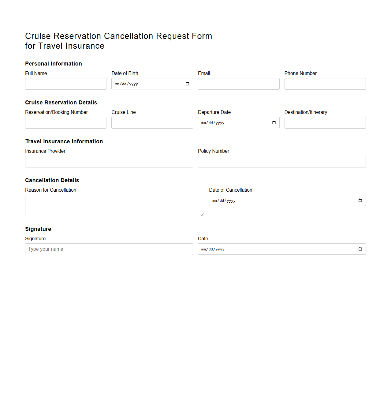 Cruise Reservation Cancellation Request Form for Travel Insurance